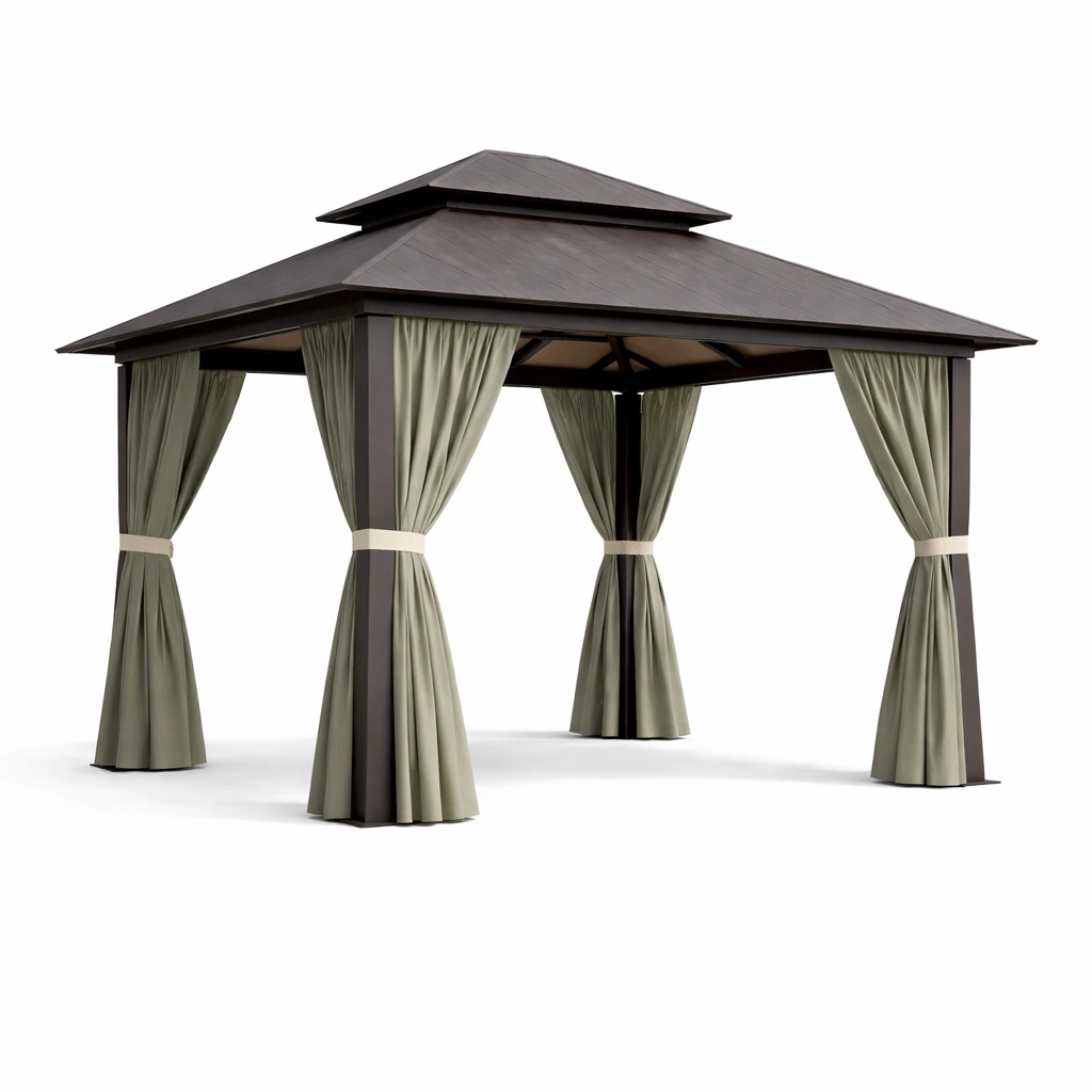 Gazebo de aluminio con cortinas verdes-roomerio