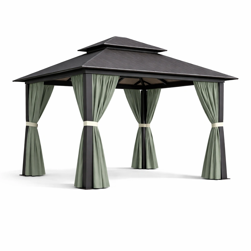Gazebo de aluminio con techo de acero y cortinas de poliéster verde-roomerio