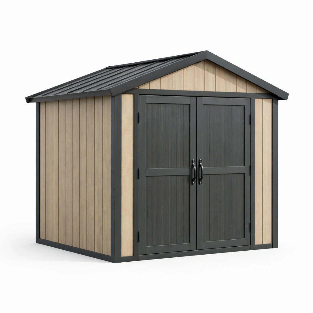 Cobertizo de jardín de resina 182x223x226 cm gris beige-roomerio