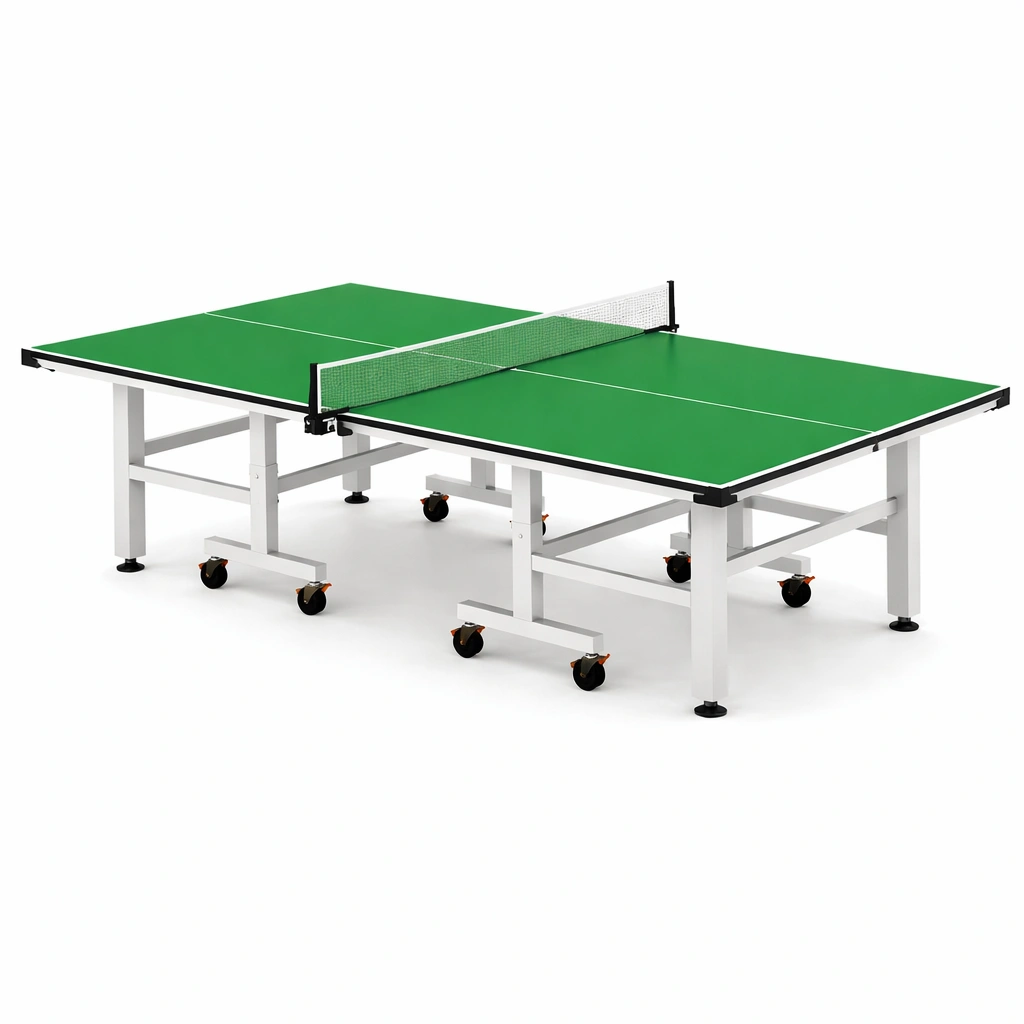 Mesa de ping pong de madera y acero con ruedas verde-roomerio