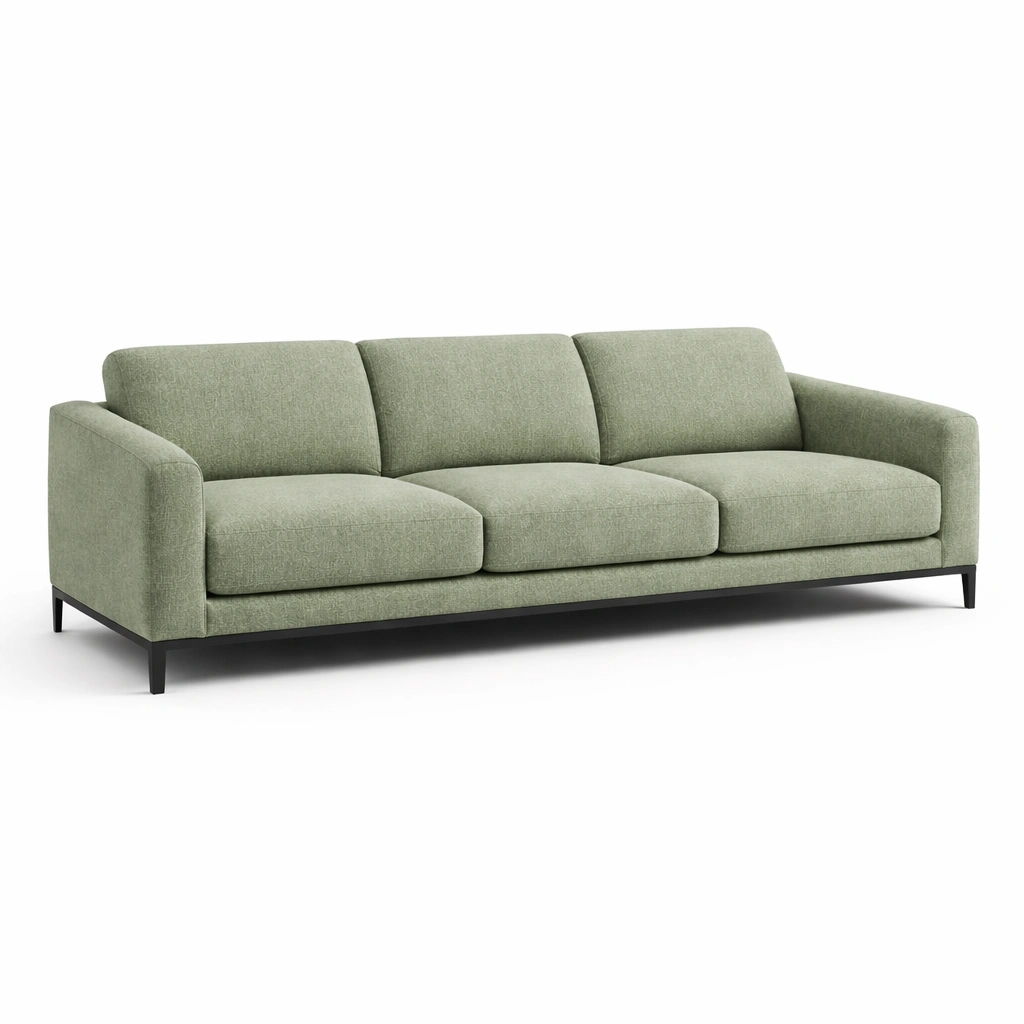 Sofá de tela verde con patas de metal negro-roomerio