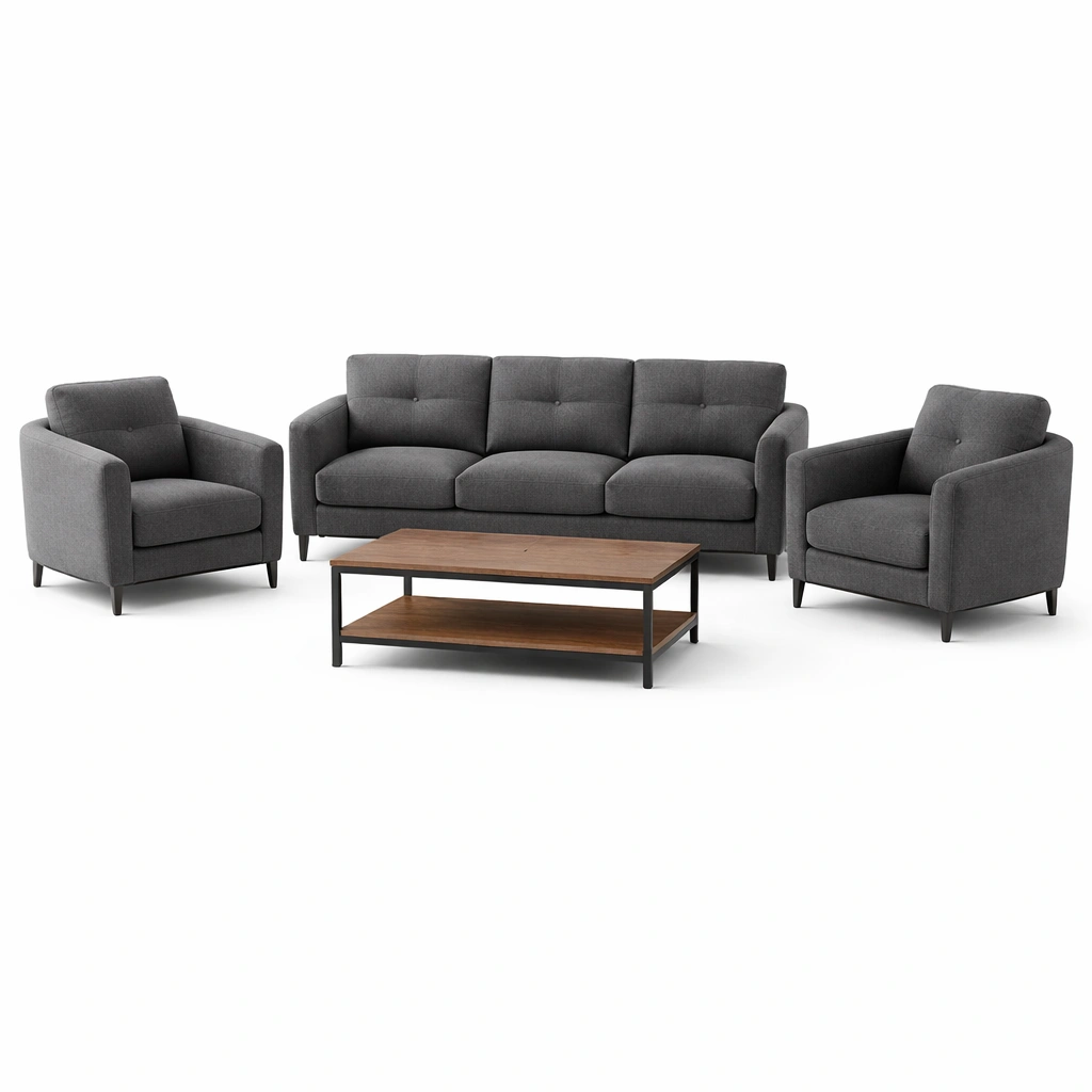 Conjunto de sofás de poliéster gris con mesa de centro-roomerio