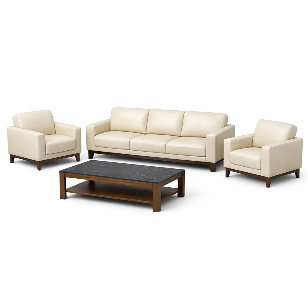 Conjunto de sofás de cuero sintético crema y madera con mesa de piedra-roomerio