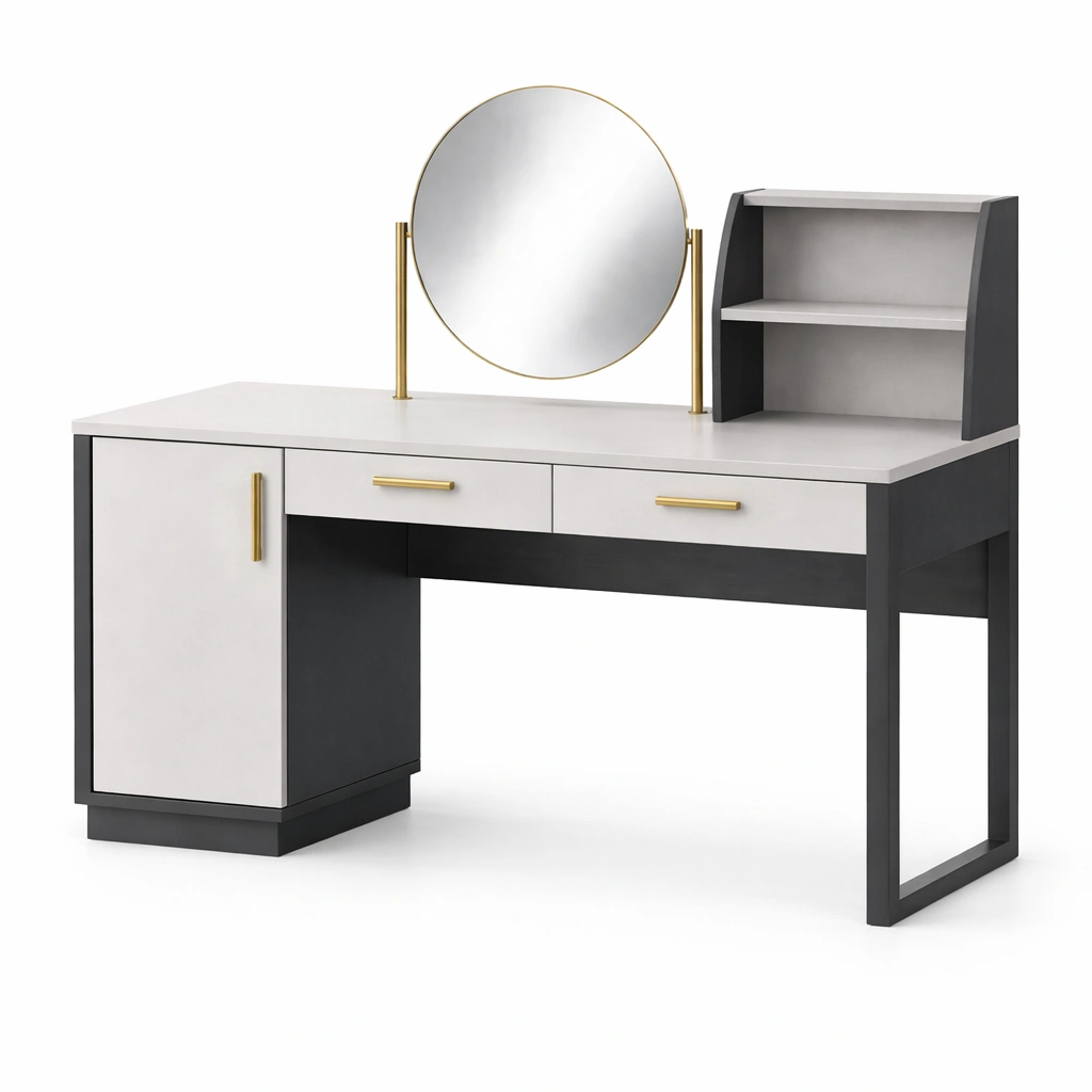 Tocador de mdf con espejo redondo y estantería blanco negro-roomerio