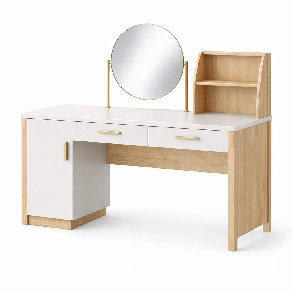 Tocador de mdf blanco y roble con espejo redondo-roomerio