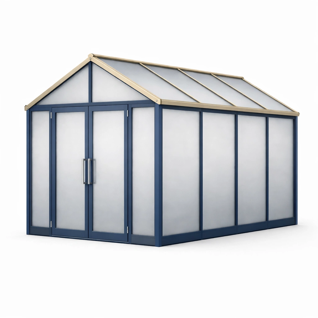 Invernadero de aluminio con paneles de policarbonato azul y beige-roomerio