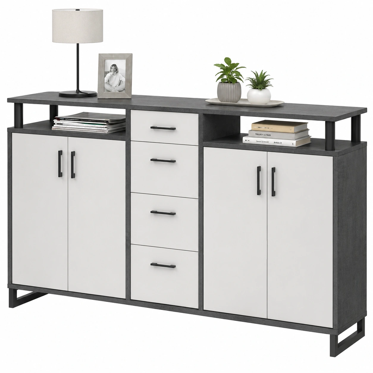 Modernes Sideboard mit Schubladen und Tueren, Stauraum Moebel in Weiß und Dunkelgrau, Grosses Wohnzimmer Sideboard mit Ablagefaechern, Minimalistisches Design 30 Grad Ansicht-homedeskcare