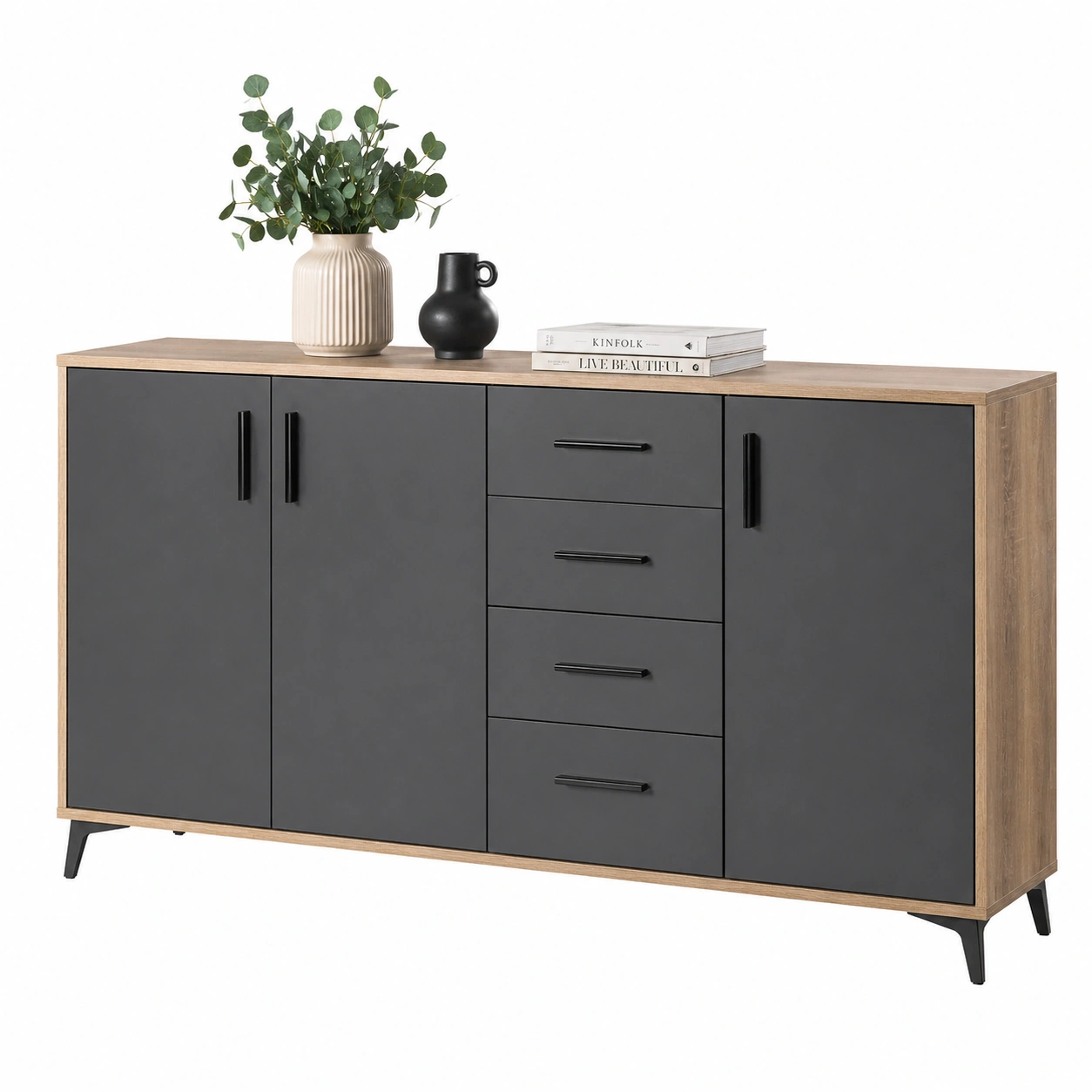 Moderne Kommode mit 3 Tueren und 4 Schubladen in Anthrazit Holzoptik Sideboard Wohnzimmer Aufbewahrungsschrank 160x82x35 cm-homedeskcare