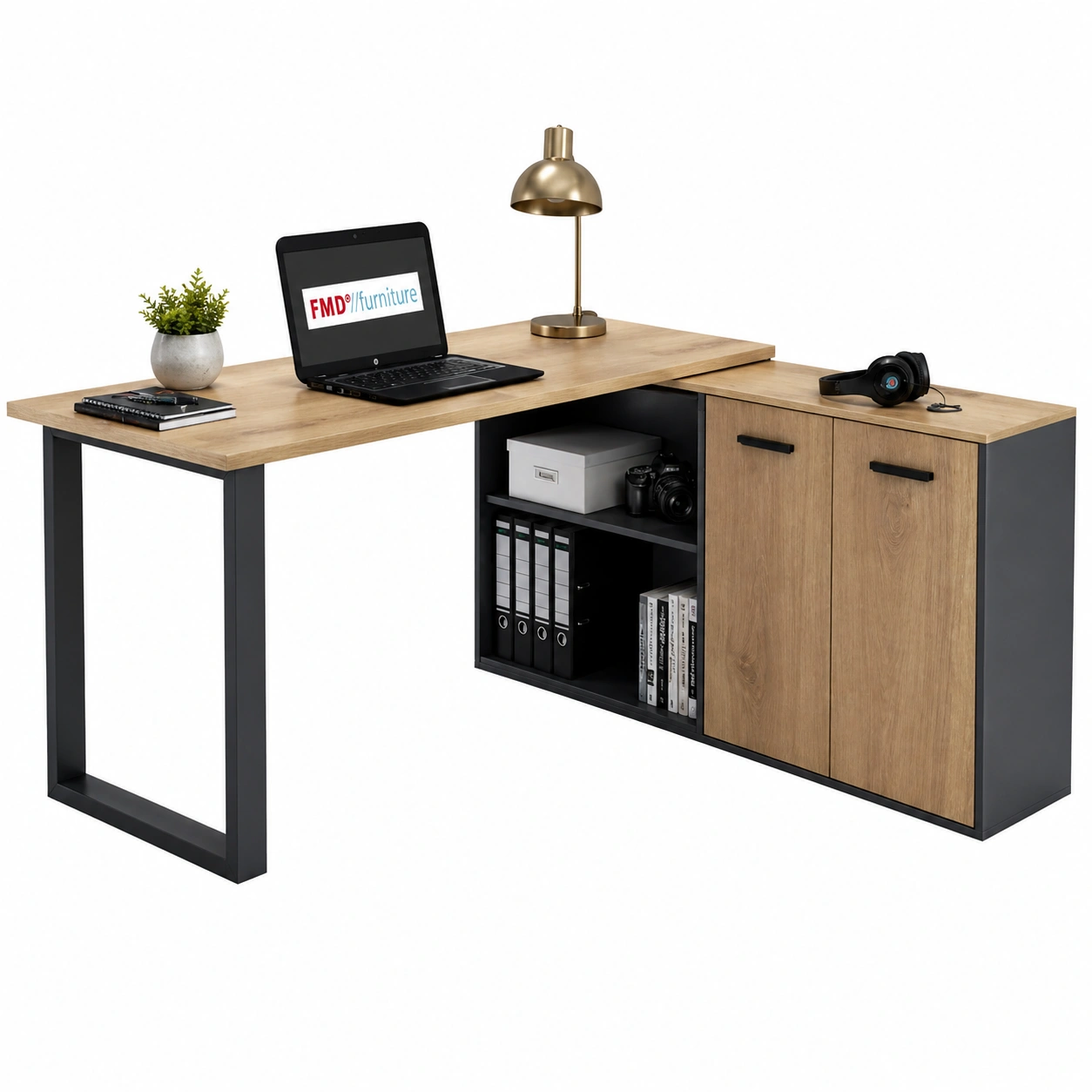 Moderner Winkelschreibtisch mit Stauraum in Eiche Natur und Schwarz – L-Form Büro Tisch mit Schrank und Regal | B/H/T ca. 138x74x138 cm-homedeskcare