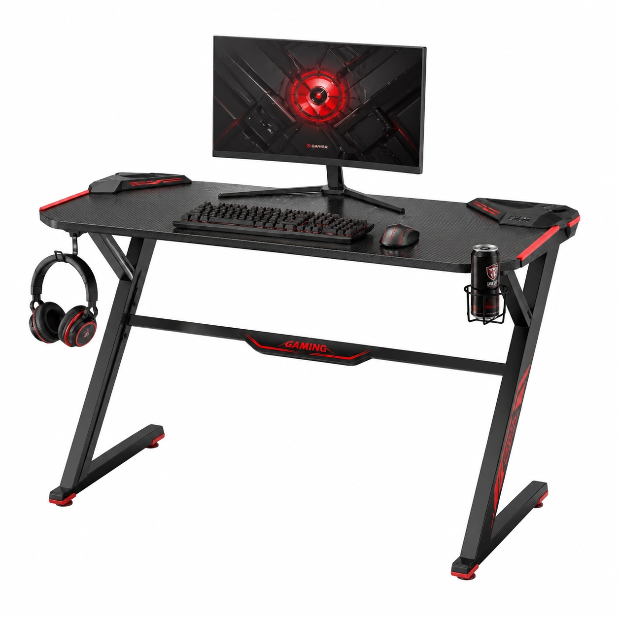 Gaming-Schreibtisch im Carbon-Look mit Z-Gestell und LED-Design, Schwarz, ca. 119x60x78 cm-homedeskcare