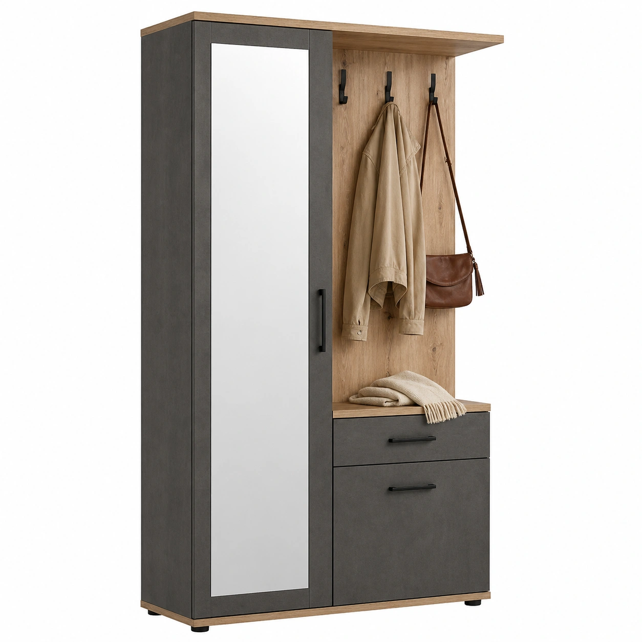 Garderobe Set Modern Grau Natur Holzoptik Spiegel 100x195x38 cm-homedeskcare