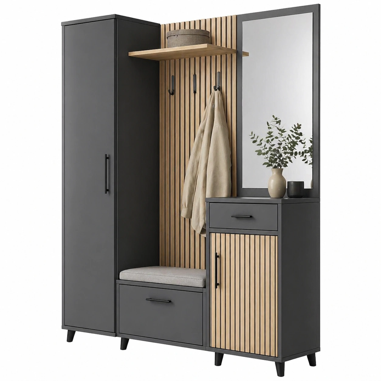 Moderne Garderobenkombination mit Spiegel und Sitzbank Anthrazit Holzoptik 145 cm-homedeskcare