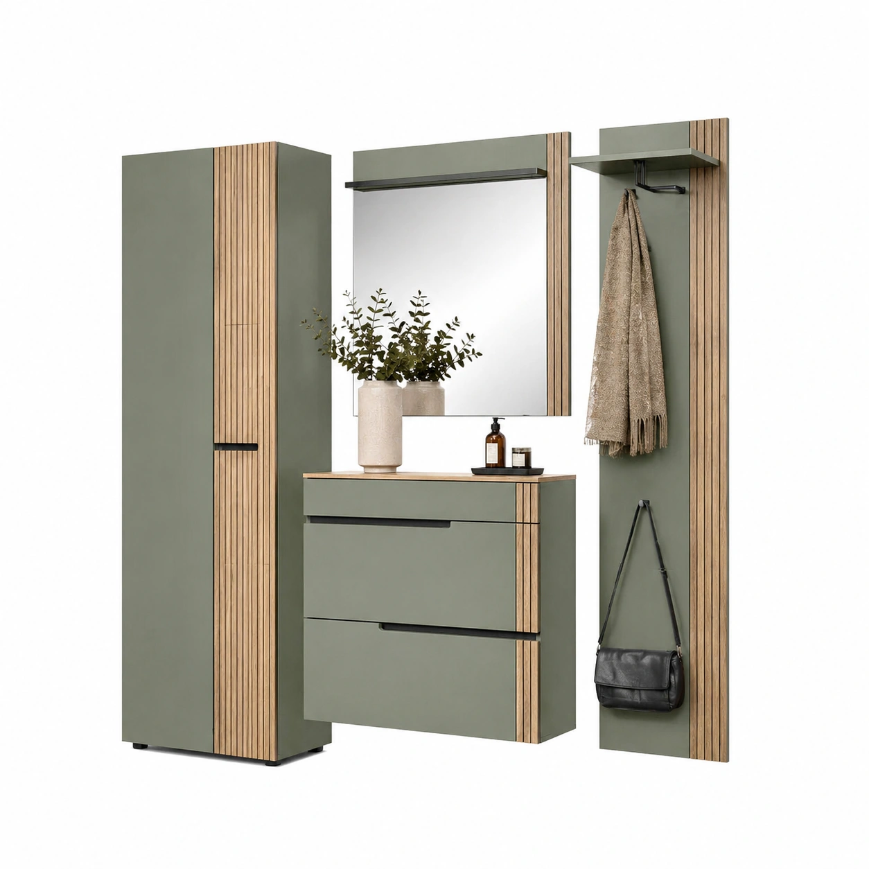 Schuhkommode mit Stauraum modern gruen Holzoptik Garderoben Set Flurmoebel minimalistisches Design Schubladen Schrank-homedeskcare