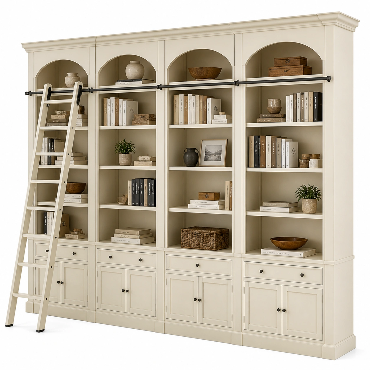 Regal biblioteczny z drabina i systemem przesuwnym