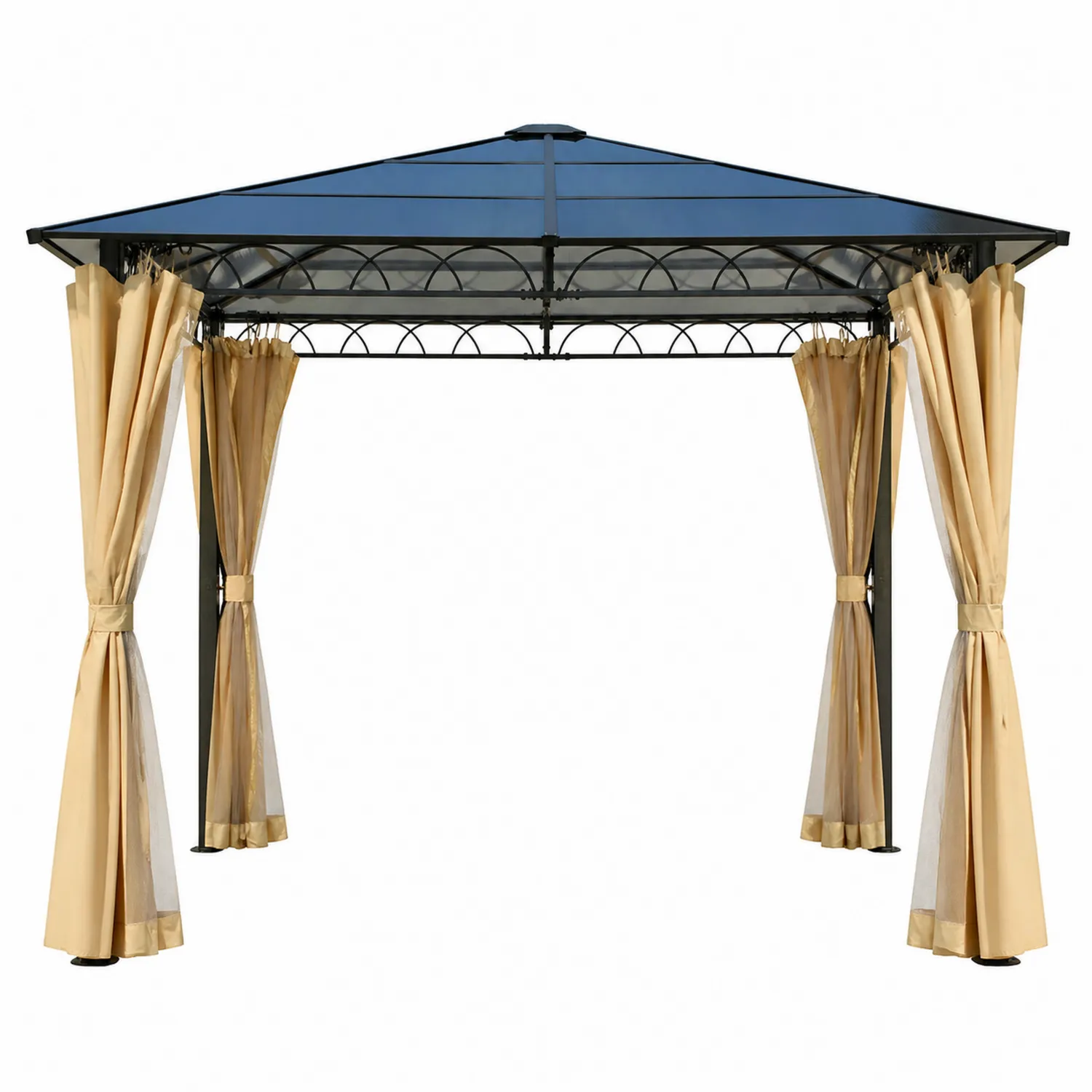 Gazebo in Metallo Nero con Tetto in Policarbonato e Tende in Poliestere Beige-domveraliving