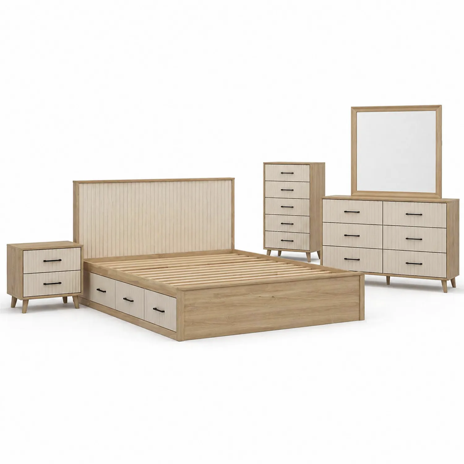 Set da camera da letto in legno con letto, comodino e cassettiere-domveraliving