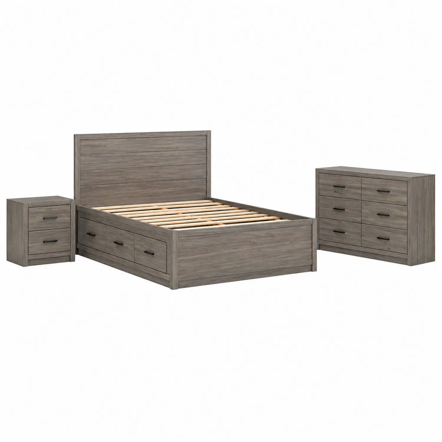 Letto matrimoniale in legno con cassetti, comodino e cassettiera, Coloree Grigio-domveraliving