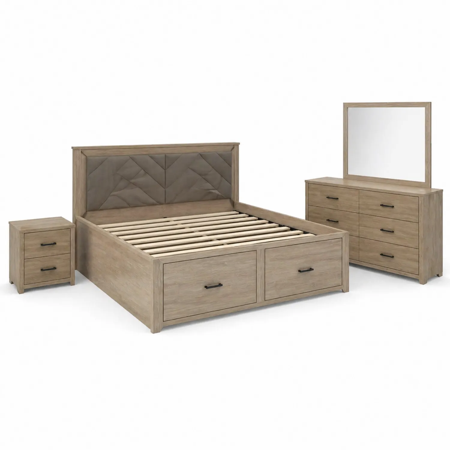 Set camera da letto in legno con testiera imbottita, comodini e cassettiera con specchio, Rovere Chiaro-domveraliving