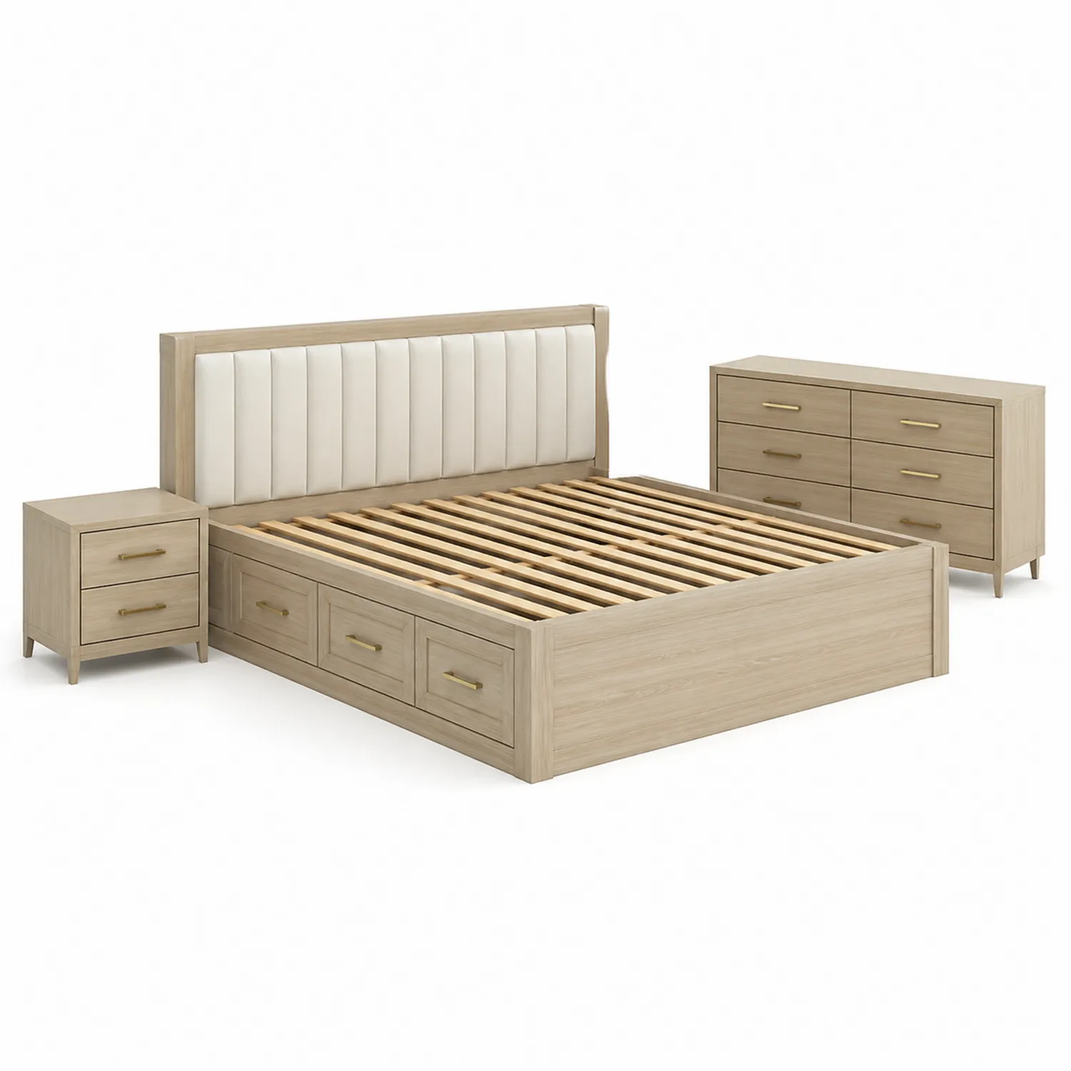 Letto matrimoniale in legno con testiera imbottita crema e contenitore-domveraliving