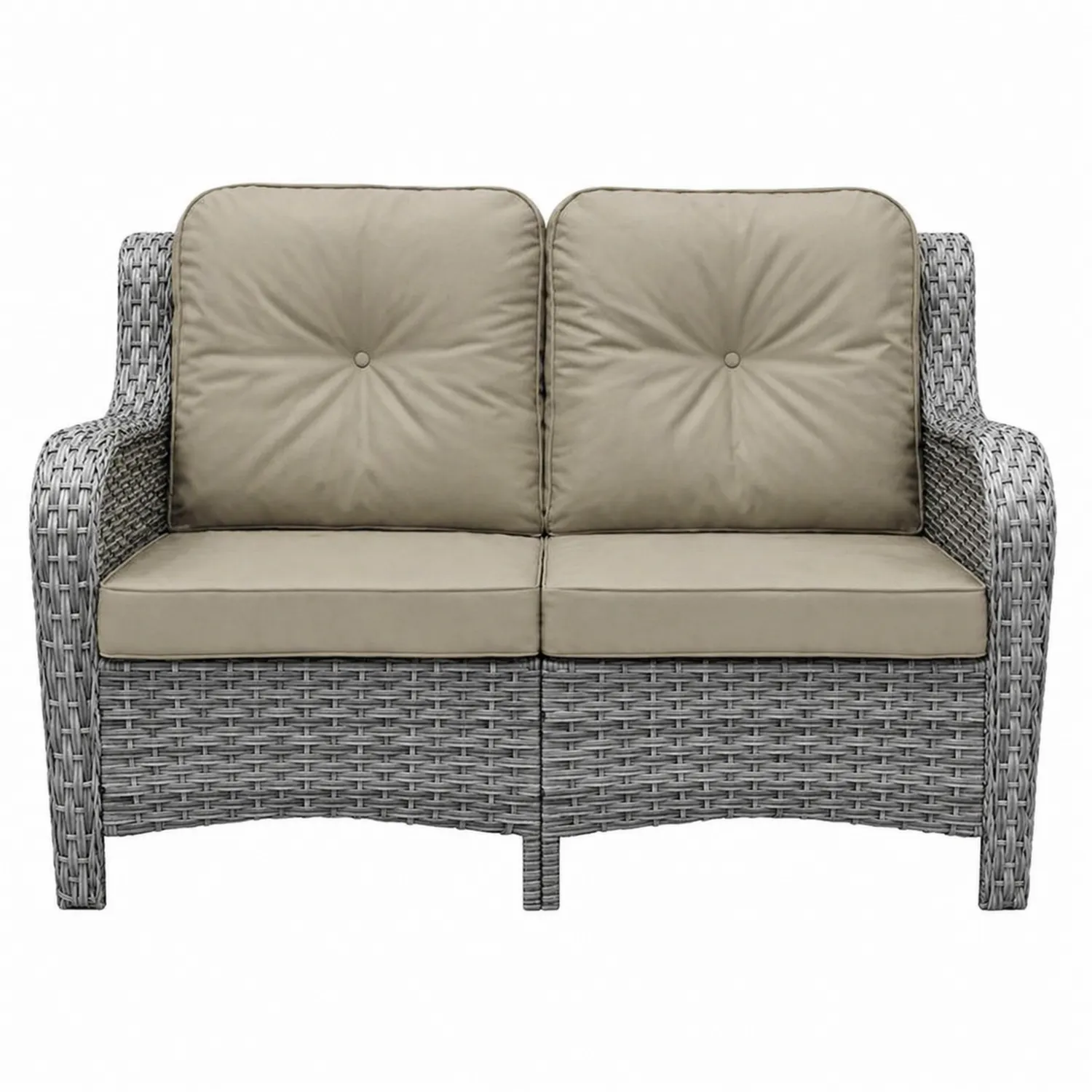 Divano a due posti in rattan grigio con cuscini beige-domveraliving