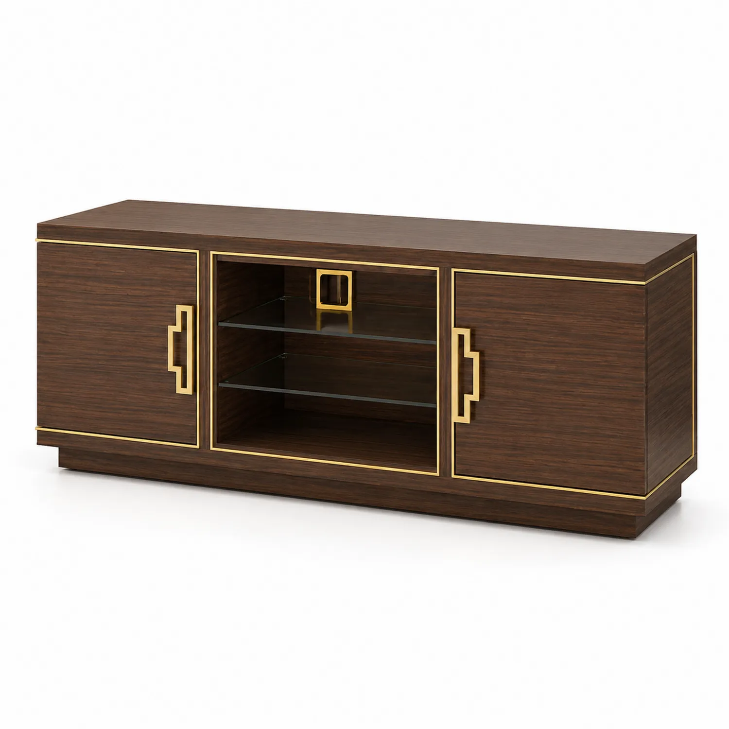 Meuble TV en bois avec cadres dorés et étagères en verre