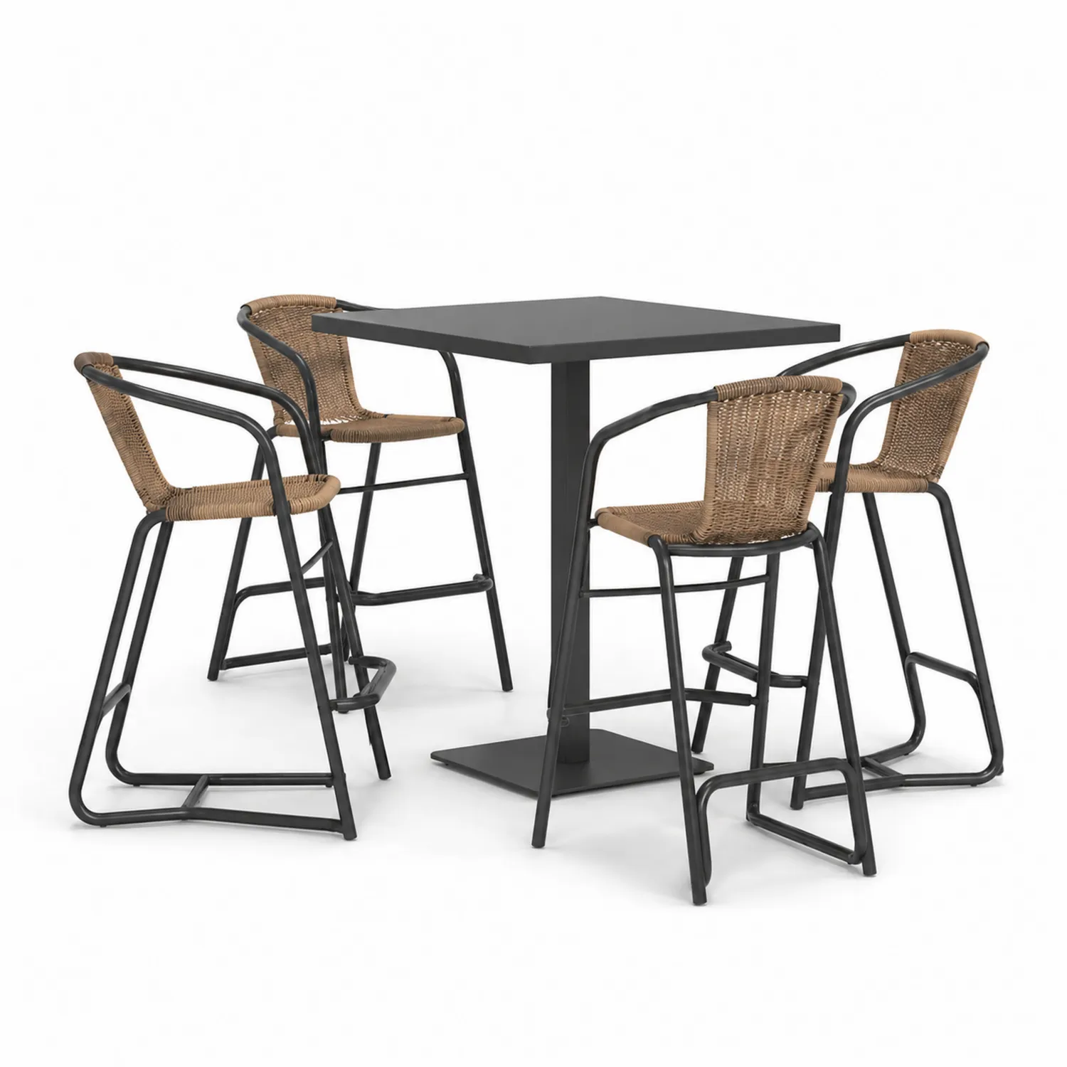 Ensemble de table haute et 4 chaises de bar en métal et rotin