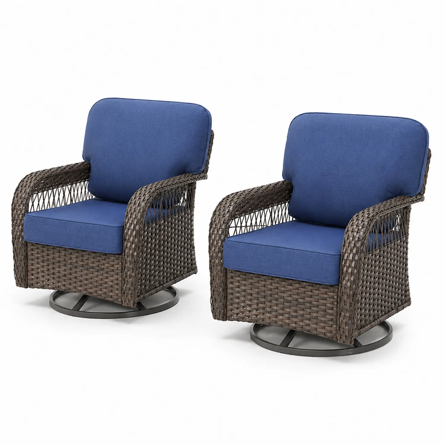 Lot de 2 fauteuils pivotants en résine tressée avec coussins en polyester Bleu