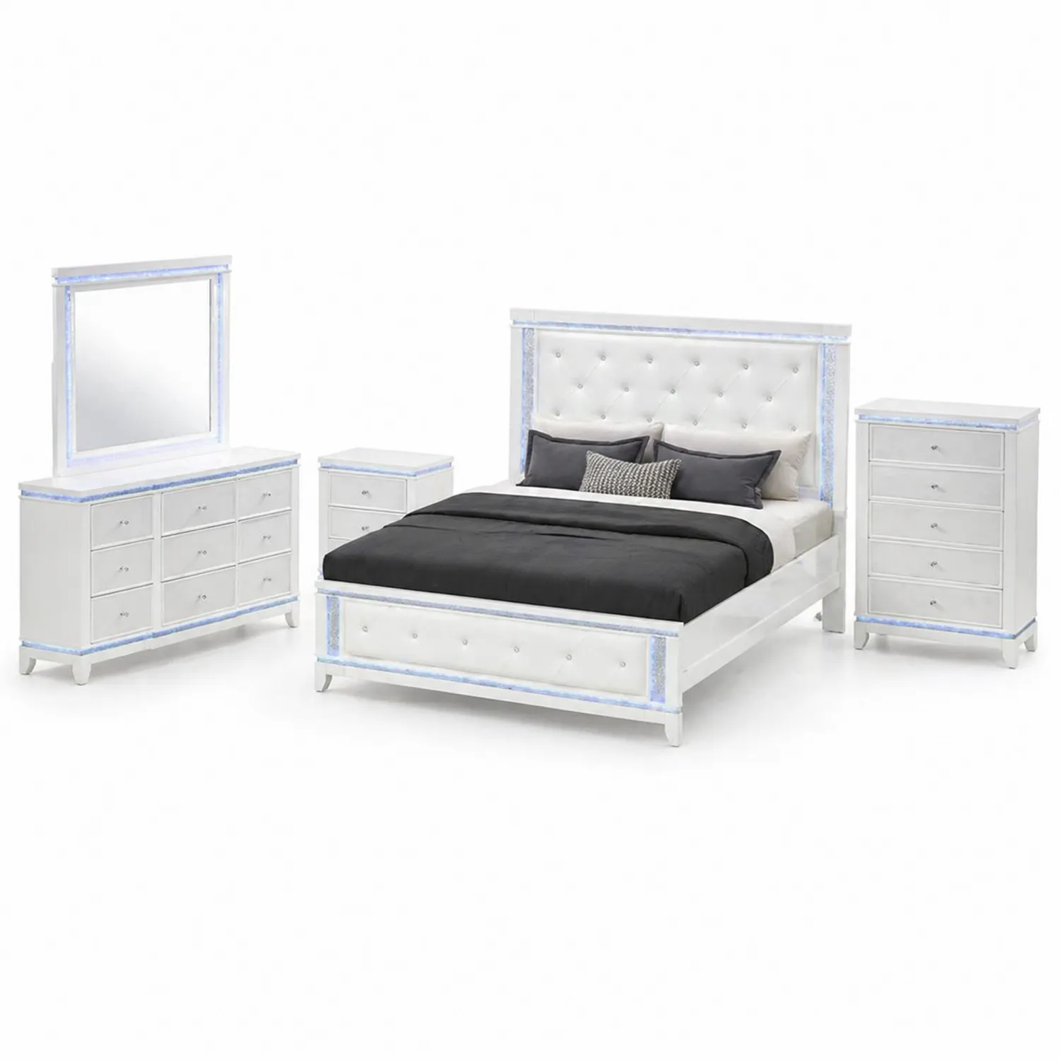 Ensemble de chambre en bois MDF blanc avec cuir synthétique et LED