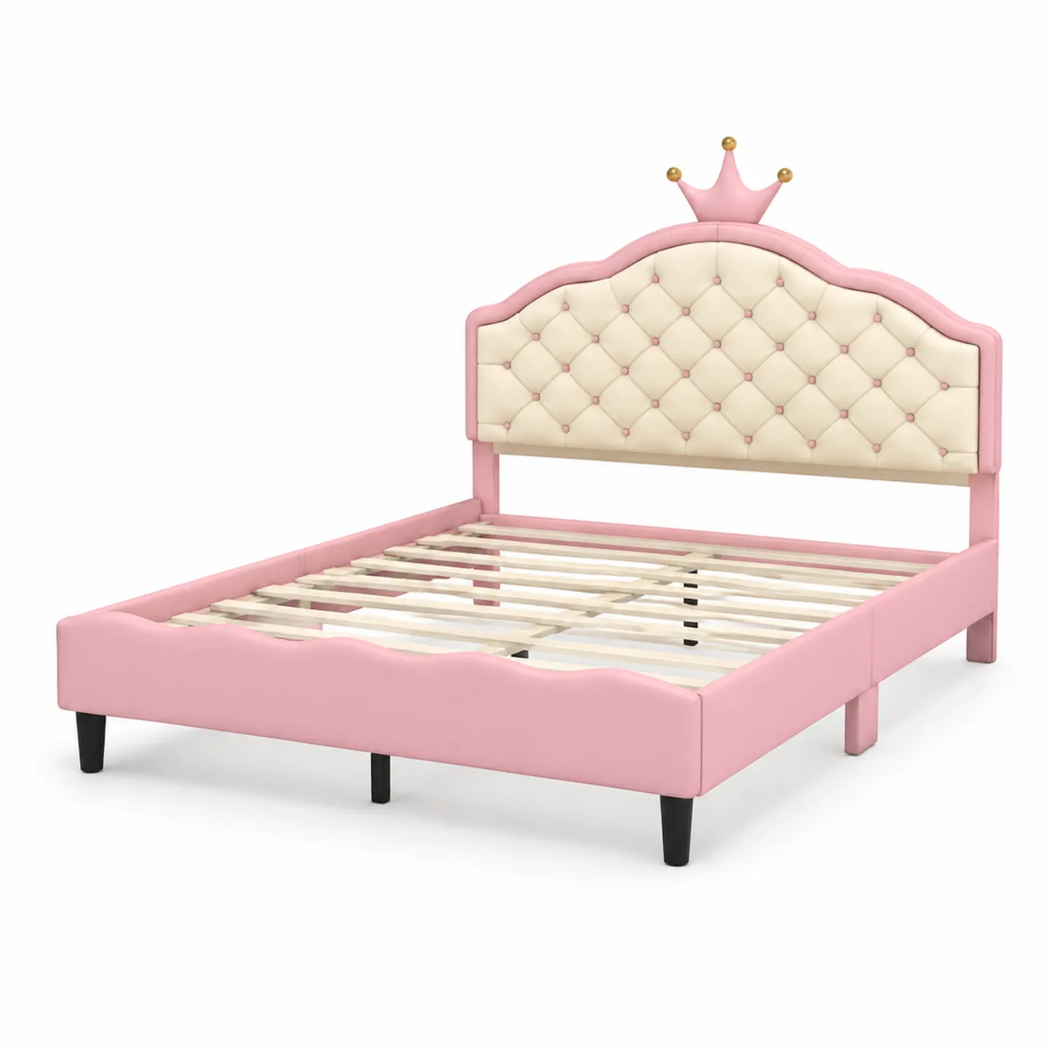 Lit en bois et cuir synthétique pour enfant avec tête de lit capitonnée rose et crème 200x90cm