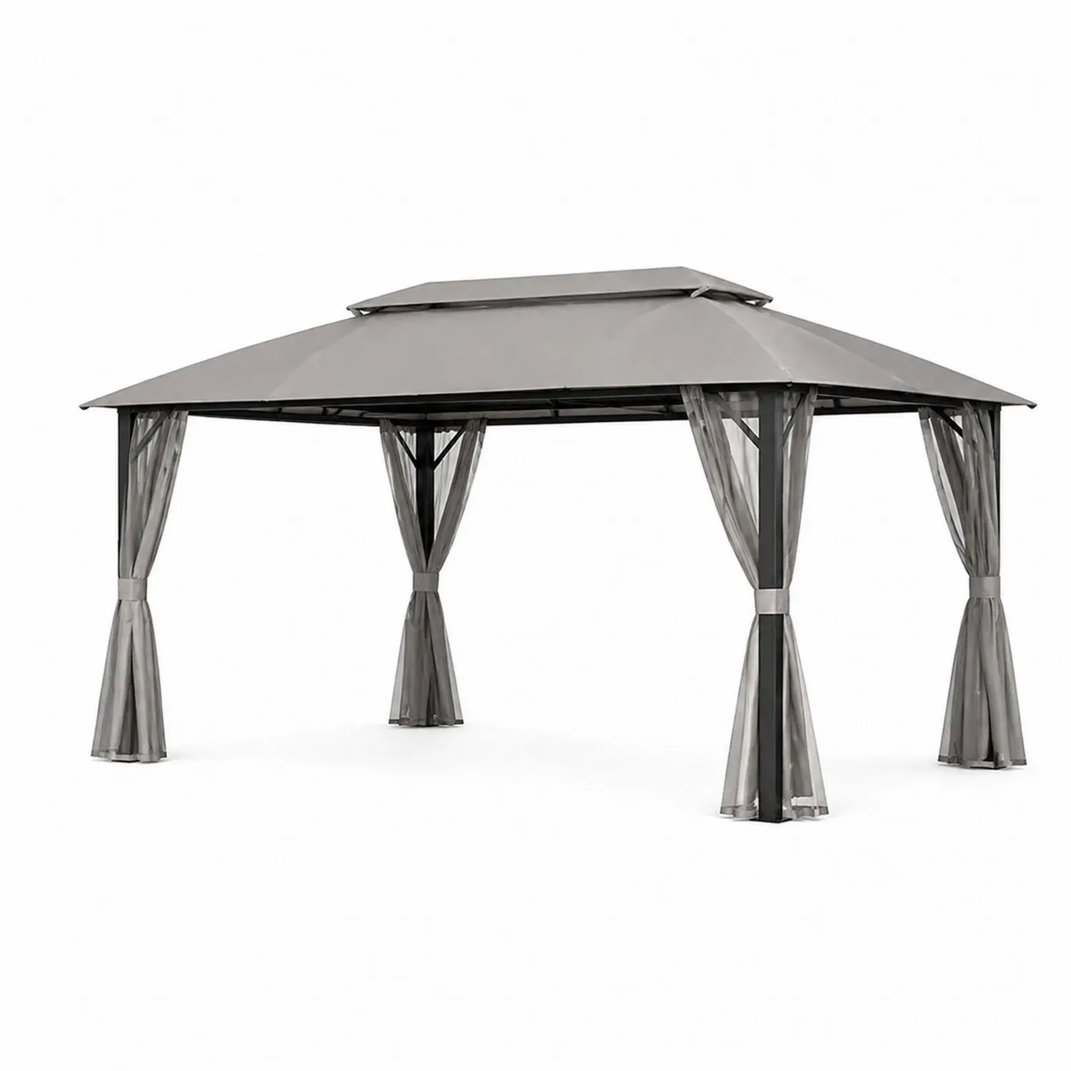 Tonnelle en métal 3x4m avec toit en acier et rideaux en polyester Gris