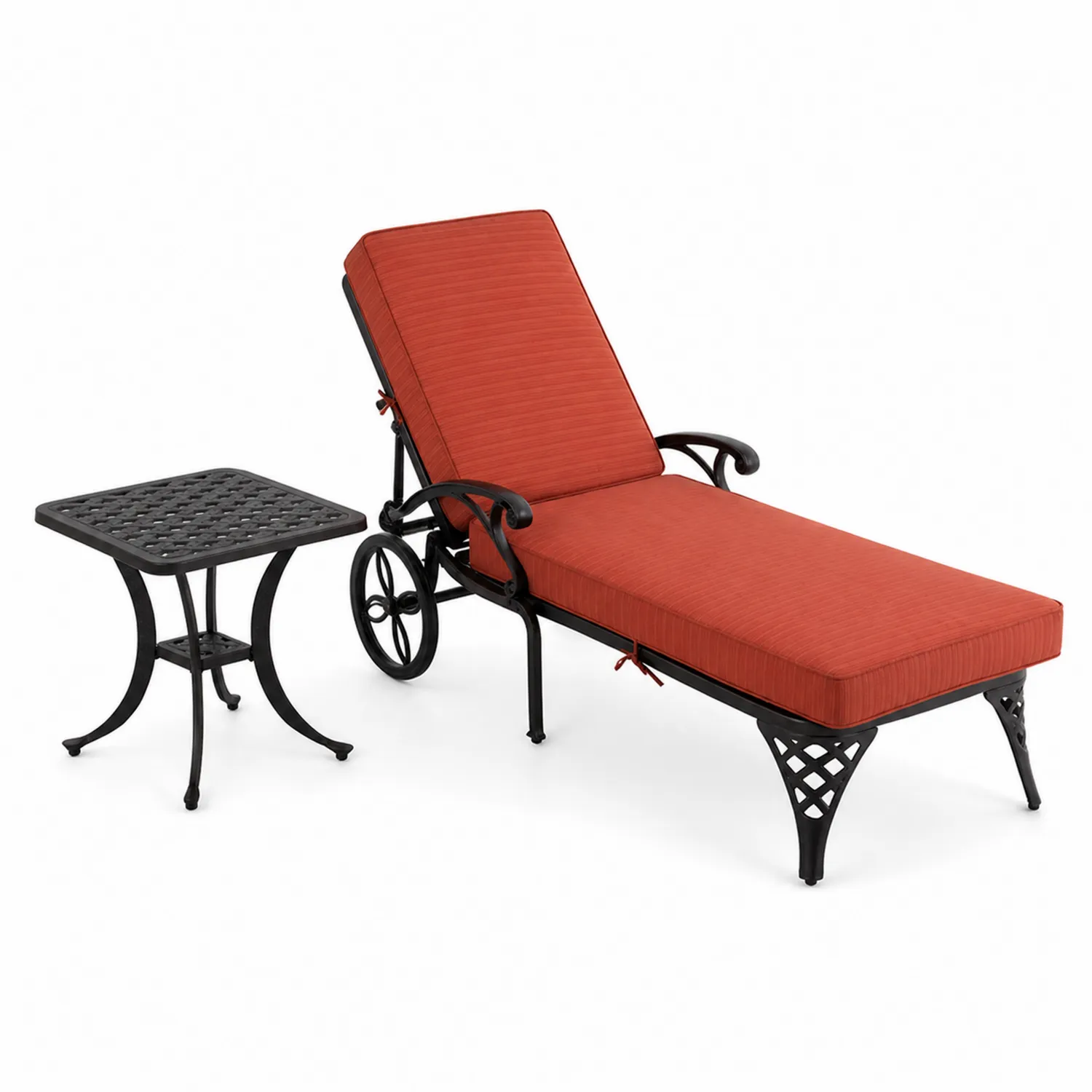 Chaise longue en métal avec coussin rouge et table d'appoint noire