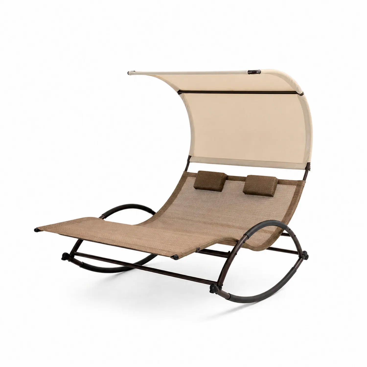 Chaise longue double à bascule en métal avec auvent en polyester
