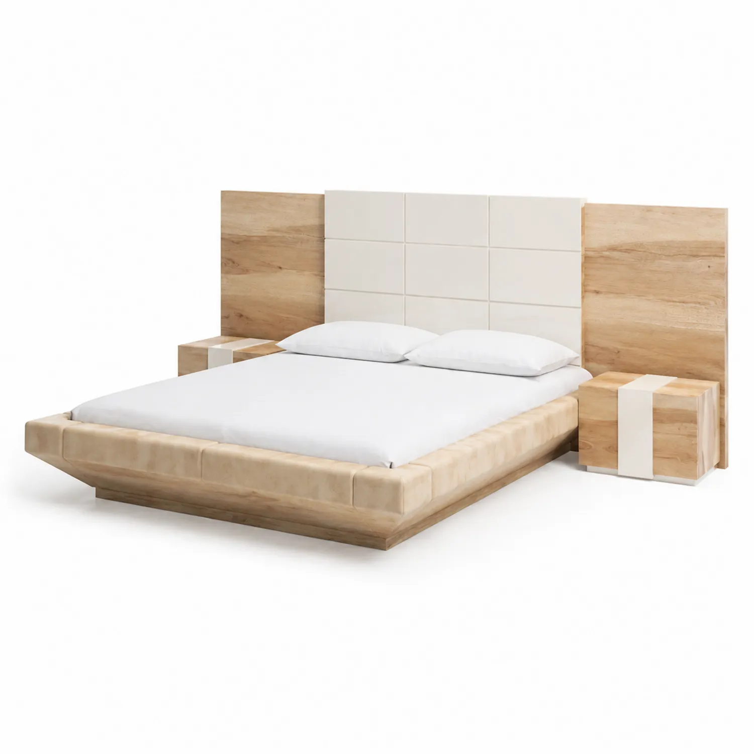 Lit double en bois avec tête de lit rembourrée et tables de chevet