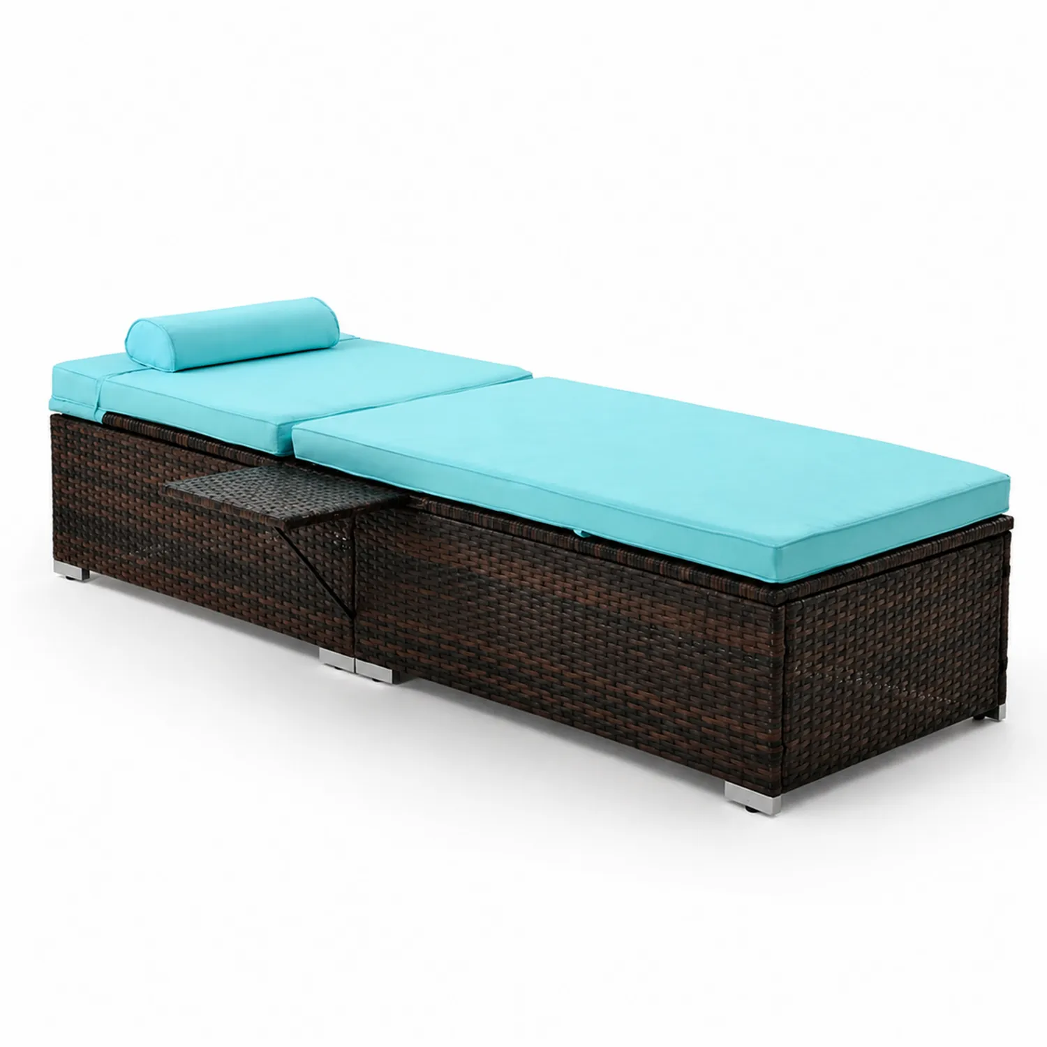 Chaise longue en résine tressée avec coussins turquoise