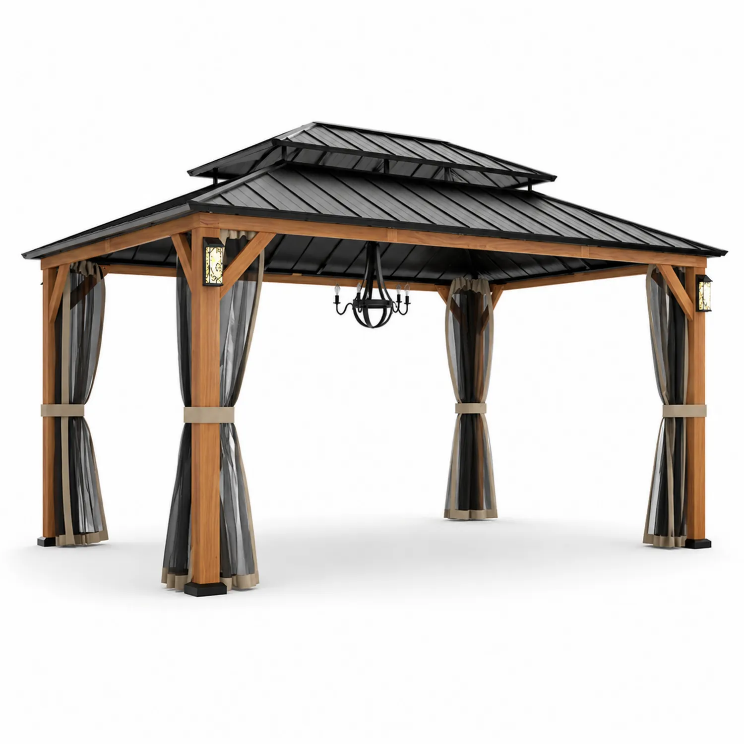 Pavillon en métal avec toit à deux pentes et rideaux en bois/noir 4m x 3m