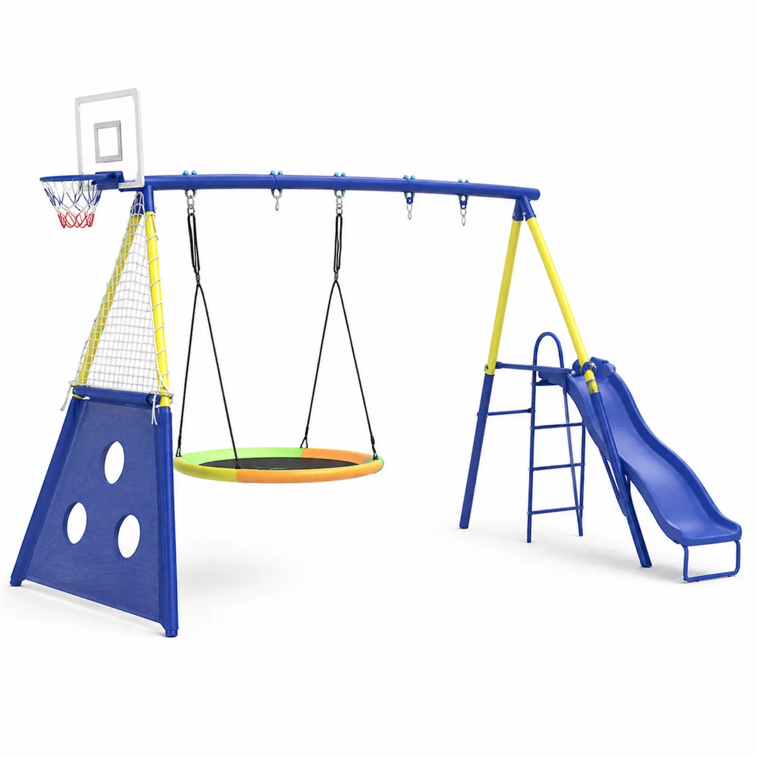 Aire de jeux en métal avec balançoire, toboggan et panier de basket