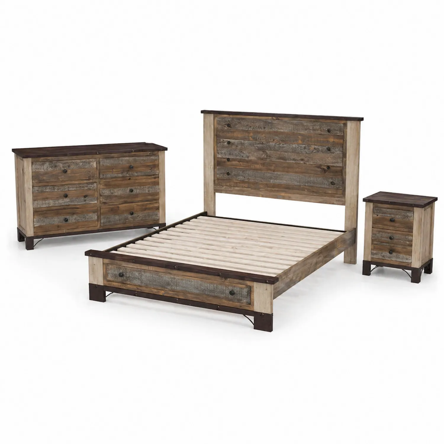 Ensemble Lit en Bois Recyclé avec Commode et Table de Chevet