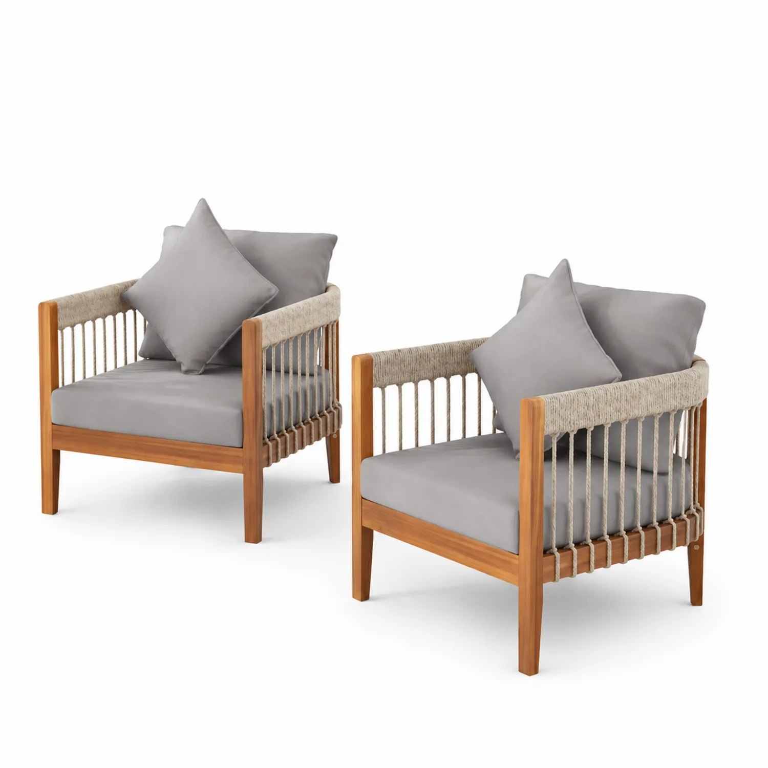 Fauteuil d'extérieur en bois et corde synthétique avec coussins en polyester Gris ensemble de 2