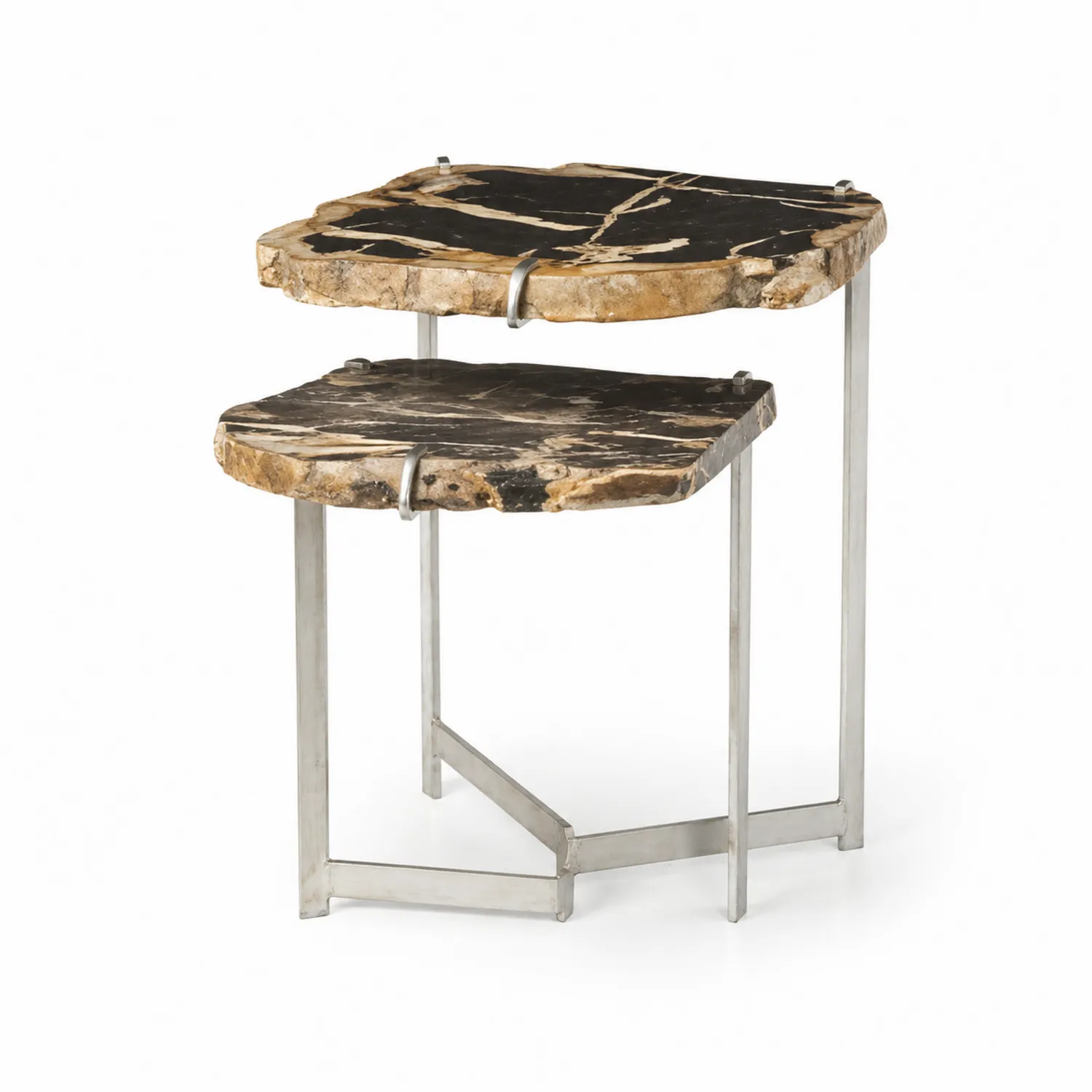 Tables Gigognes en Pierre Fossilisée et Acier Inoxydable