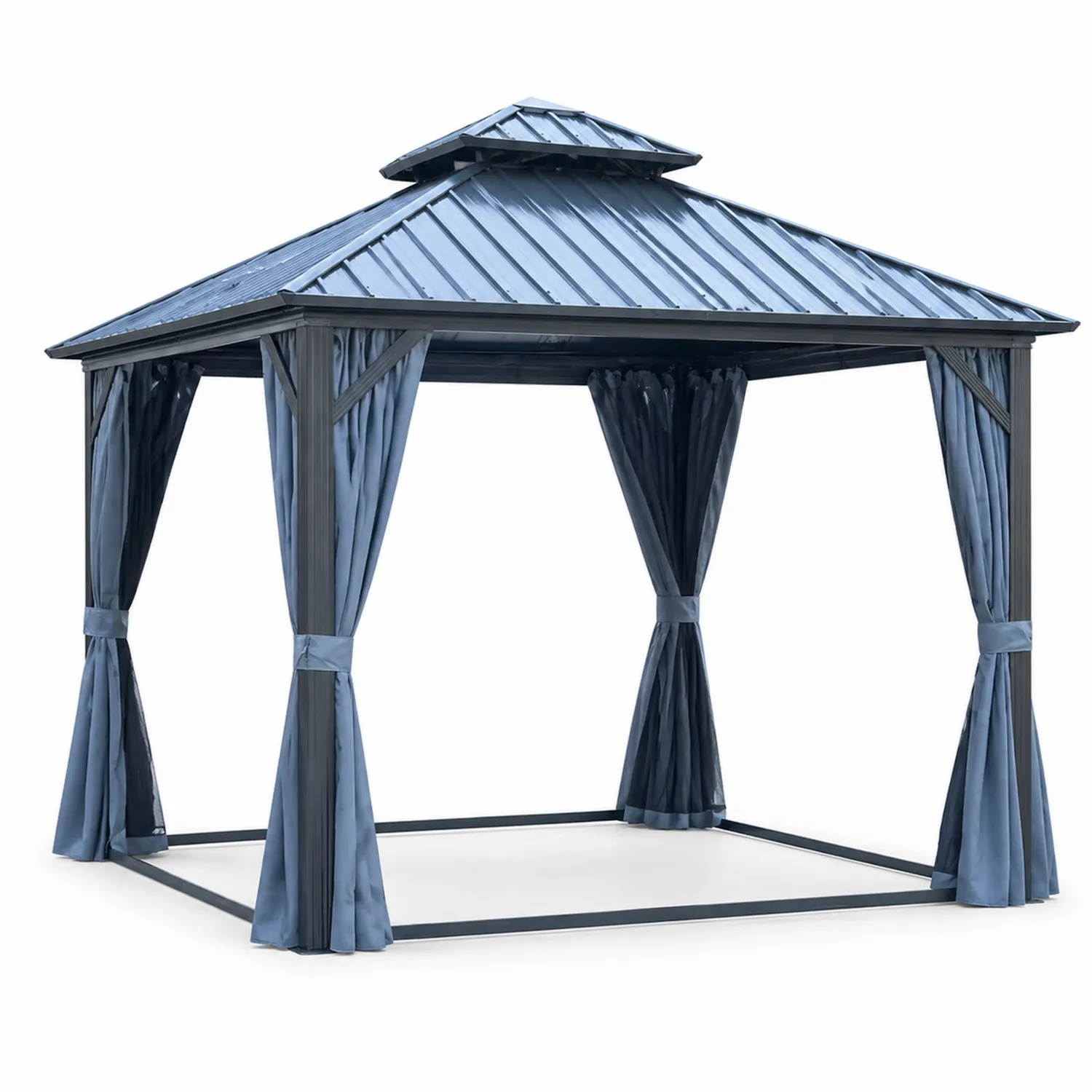 Pavillon en aluminium avec toit en acier et rideaux en polyester 3x3x2,7 m Bleu