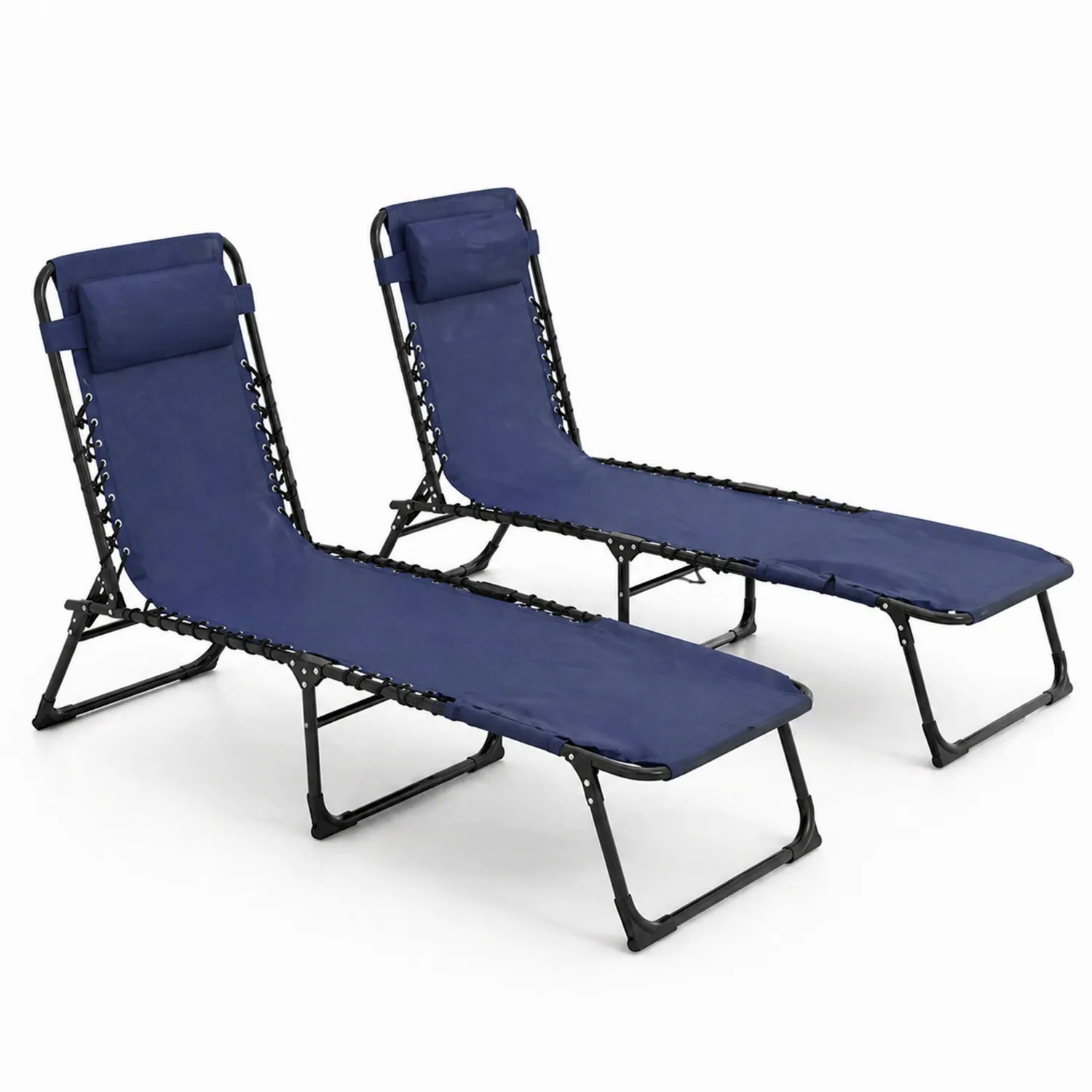 Lot de 2 chaises longues pliables en tissu bleu avec cadre en métal