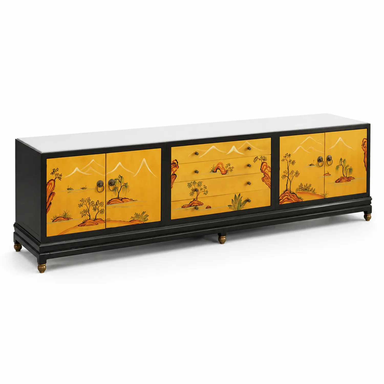 Meuble TV en bois peint à la main motifs paysage 200 cm Jaune/Noir
