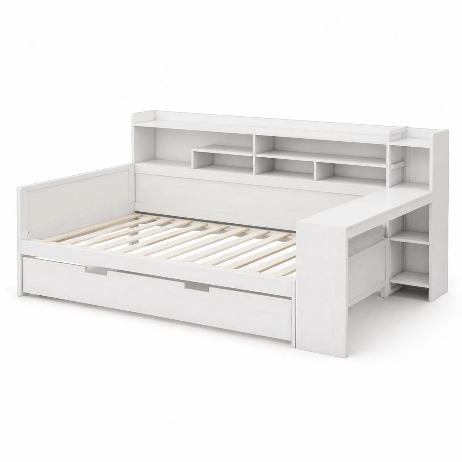 Lit en bois avec rangement et étagères intégrées