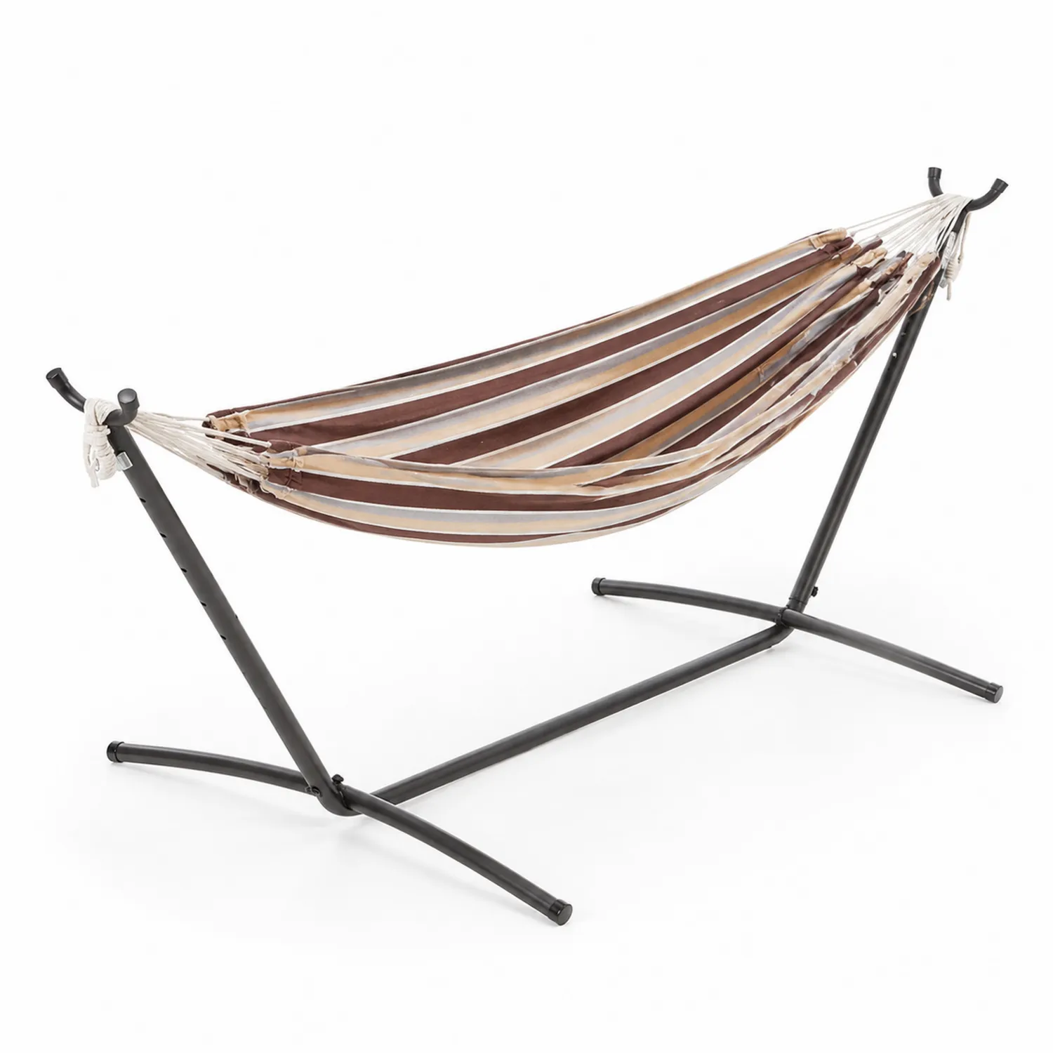 Hamac avec support en métal et tissu rayé Marron/Beige 200x150 cm