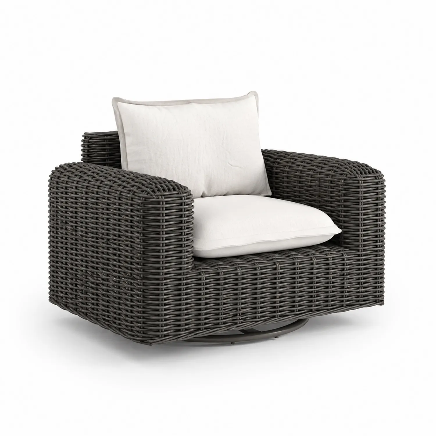 Fauteuil d'extérieur rotatif en résine tressée avec coussins en polyester