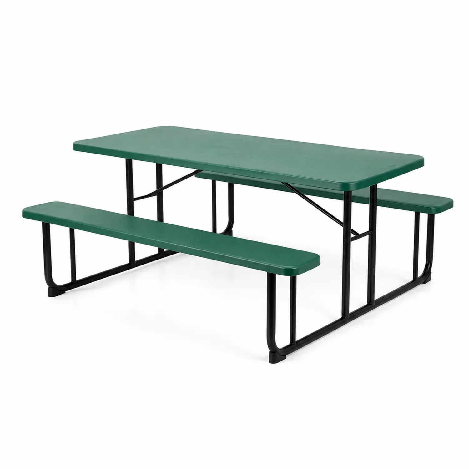 Table de pique-nique en métal et plastique vert avec bancs intégrés
