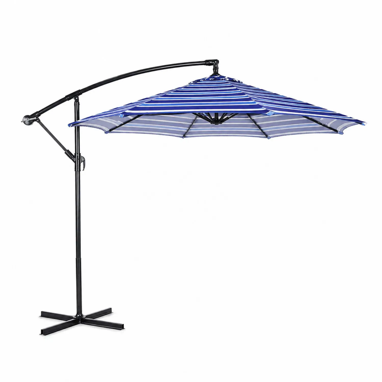 Parasol déporté rond en polyester rayé bleu 3m avec mât en acier