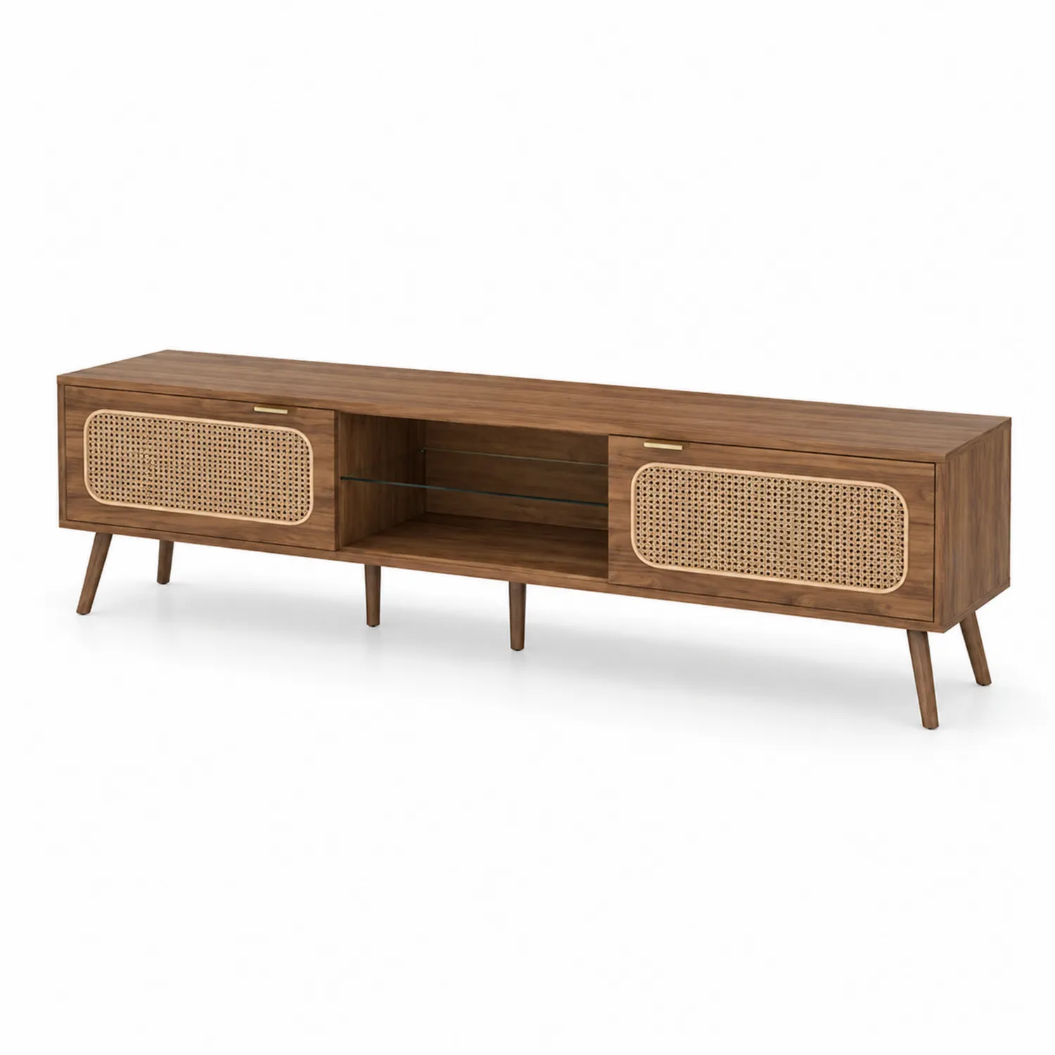 Meuble TV en bois et cannage avec étagères en verre 180 cm