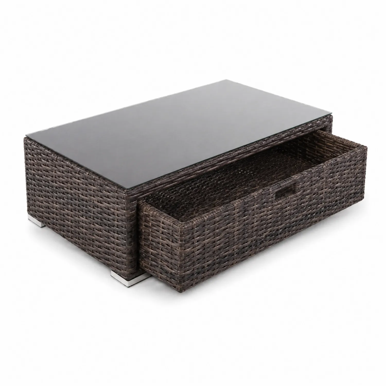 Table basse en osier avec plateau en verre trempé noir et tiroir