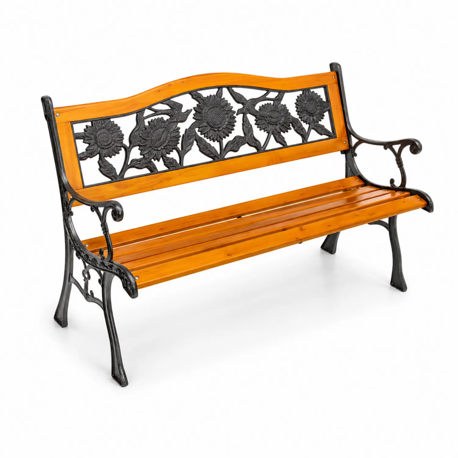 Banc en bois et fer forgé avec motif floral